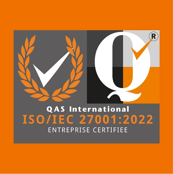 QAS International logo with a large stylized letter Q on a gray and orange background, featuring two check marks, laurel leaves, and text stating ISO/IEC 27001:2022 ENTREPRISE CERTIFIEE.