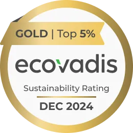 Gold badge with a circular gold border labeled 'GOLD | Top 5%' above the Ecovadis logo and the text 'Sustainability Rating DEC 2024'.