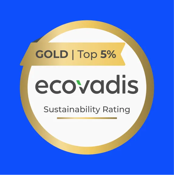 Gold badge with text 'GOLD | Top 5%' above 'ecovadis' and 'Sustainability Rating' inside a gold circle on blue background.