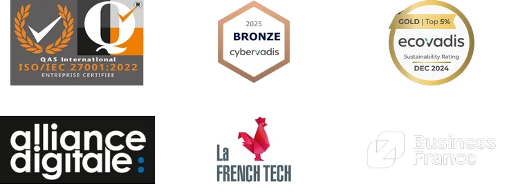 ARISTID certifications and labels: ISO/IEC 27001:2022 (QAS International), CyberVadis Bronze 2025, EcoVadis Gold Top 5% 2024, Alliance Digitale, La French Tech, Business France