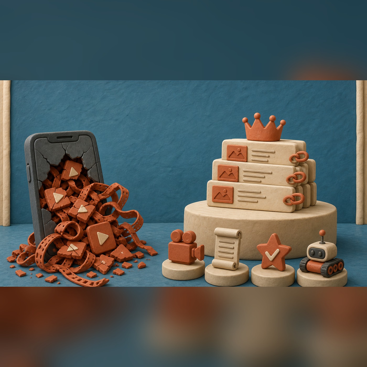 Episode 18 claymation artwork: cracked phone spilling raw UGC versus crowned structured citation cards