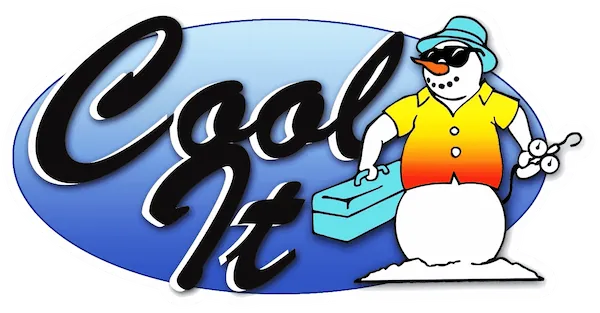 Logo with the text 'Cool It' alongside a snowman wearing sunglasses, a blue hat, a yellow and orange gradient shirt, and holding a blue cooler box.