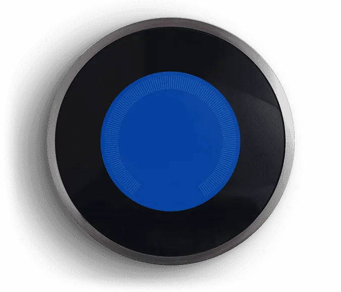 Close-up of a circular smart thermostat with a blue glowing center on a black background.