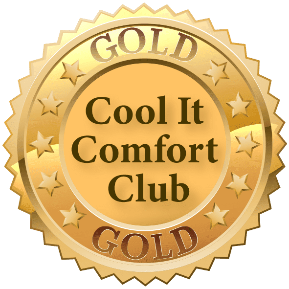 Gold badge with stars and the text 'Cool It Comfort Club' in the center.