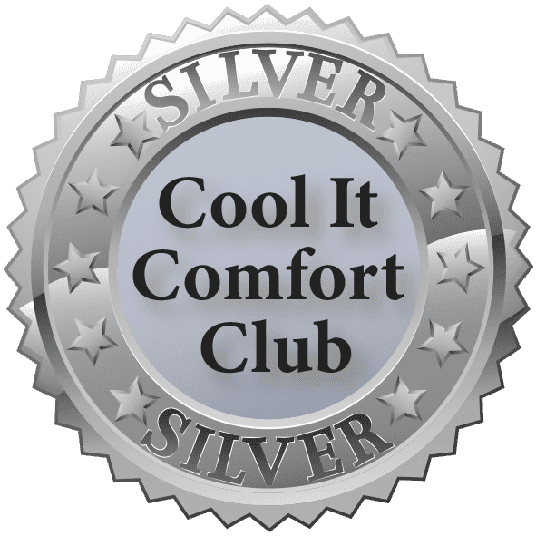 Silver badge with text 'Cool It Comfort Club' in the center and 'SILVER' at the top and bottom edges surrounded by stars.