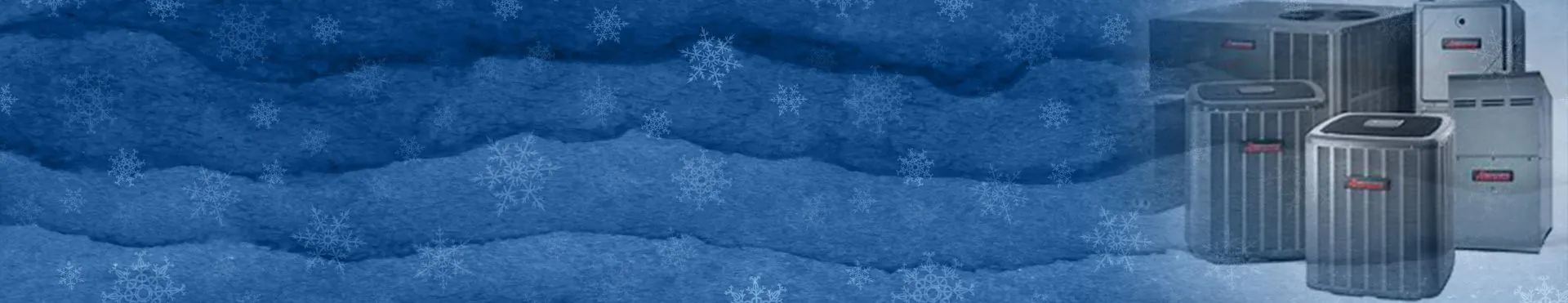 Group of modern air conditioning units on a textured blue background with falling snowflakes.