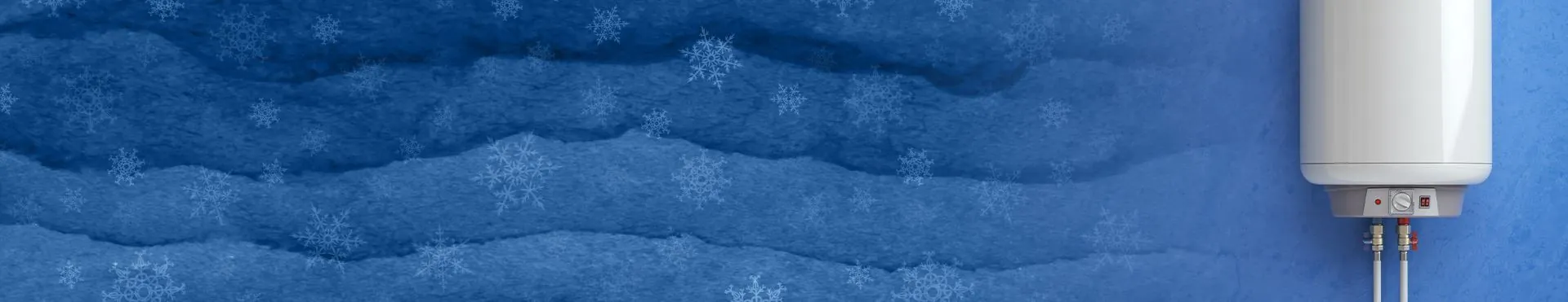 White tankless water heater mounted on a blue wall with snowflake patterns.