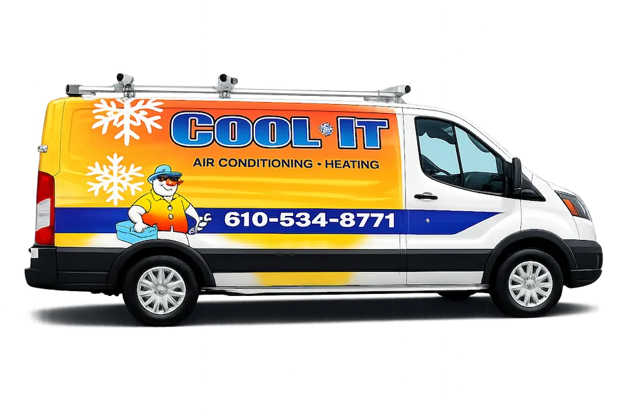 White van with yellow and blue Cool It air conditioning and heating service advertisement including phone number 610-534-8771 and cartoon mascot holding a wrench.
