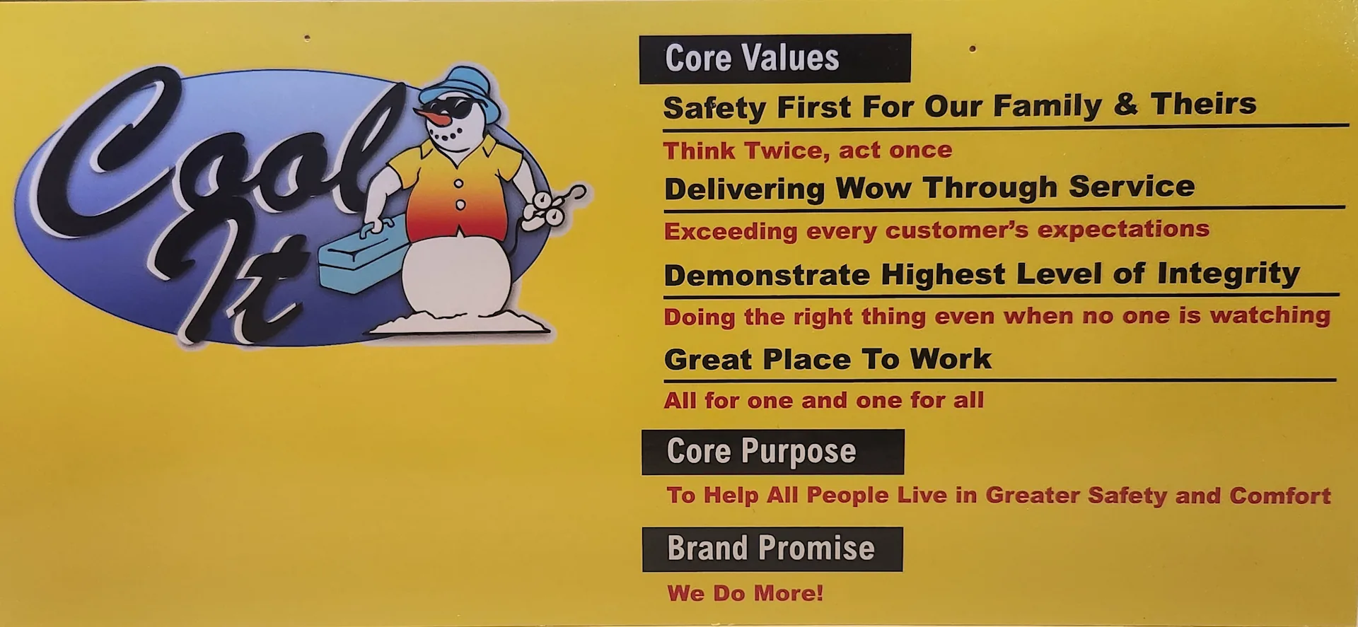 Cool It logo with a snowman wearing sunglasses and a hat holding a toolbox, alongside company core values, core purpose, and brand promise text on a yellow background.