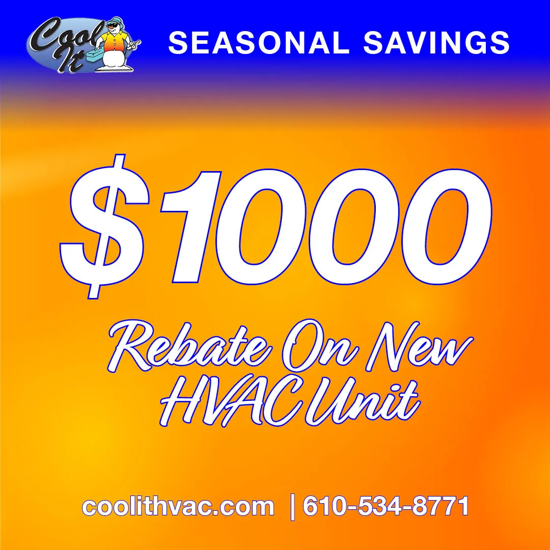 $1000 rebate offer on a new HVAC unit with Cool It logo and contact details.