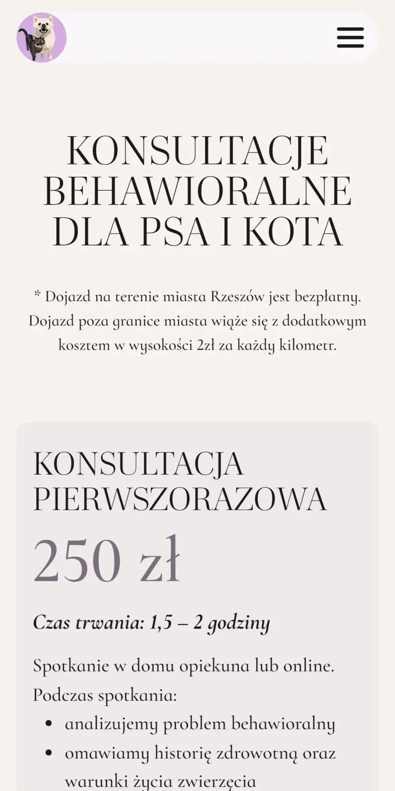 Psychopieski - podstrona oferty w wersji mobilnej