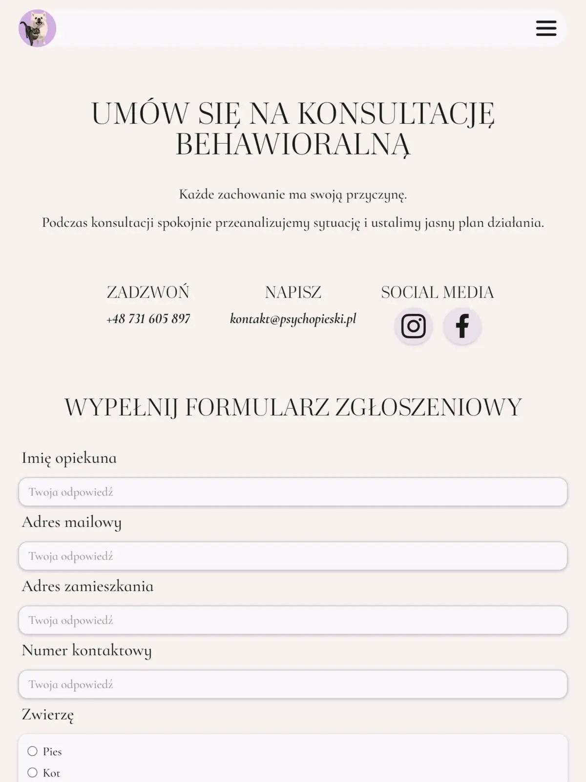Psychopieski - podstrona kontaktu w wersji tabletowej
