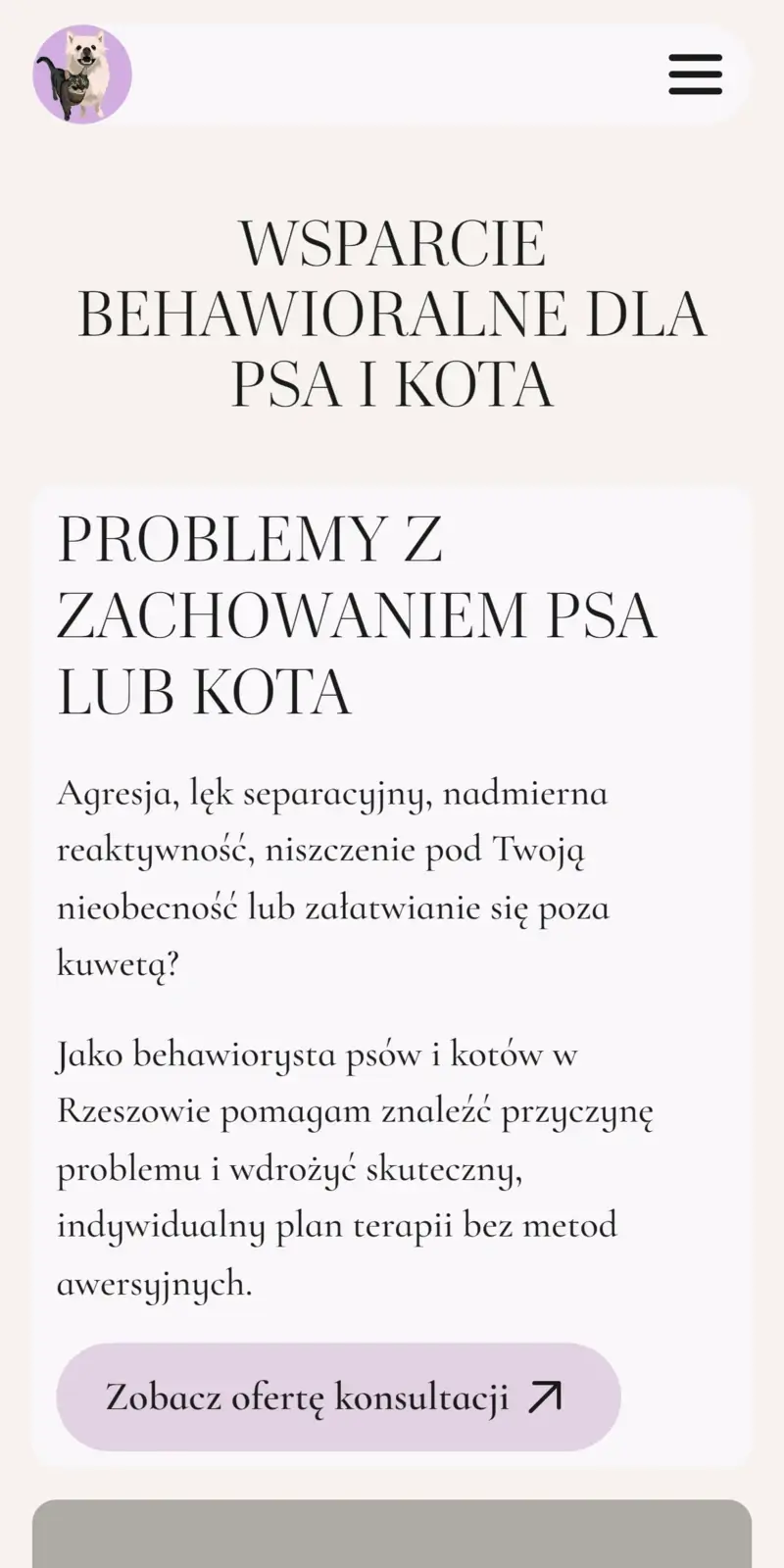 Psychopieski - sekcja grid na stronie głównej w wersji mobilnej