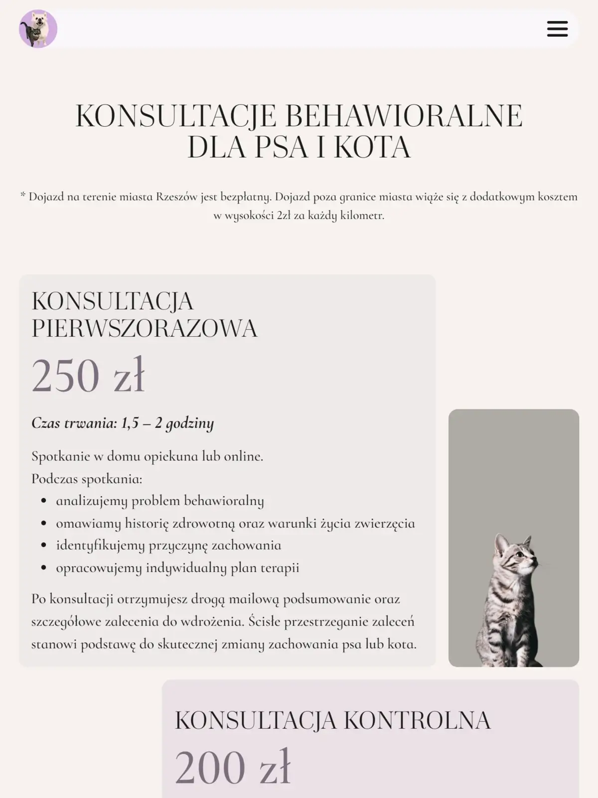 Psychopieski - podstrona oferty w wersji tabletowej