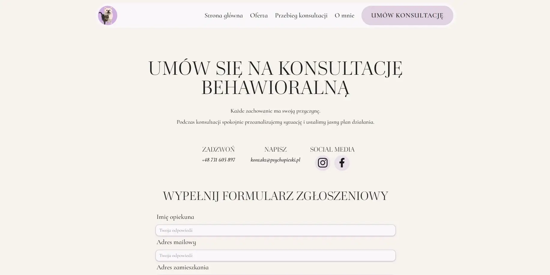 Psychopieski - podstrona kontaktu w wersji desktopowej