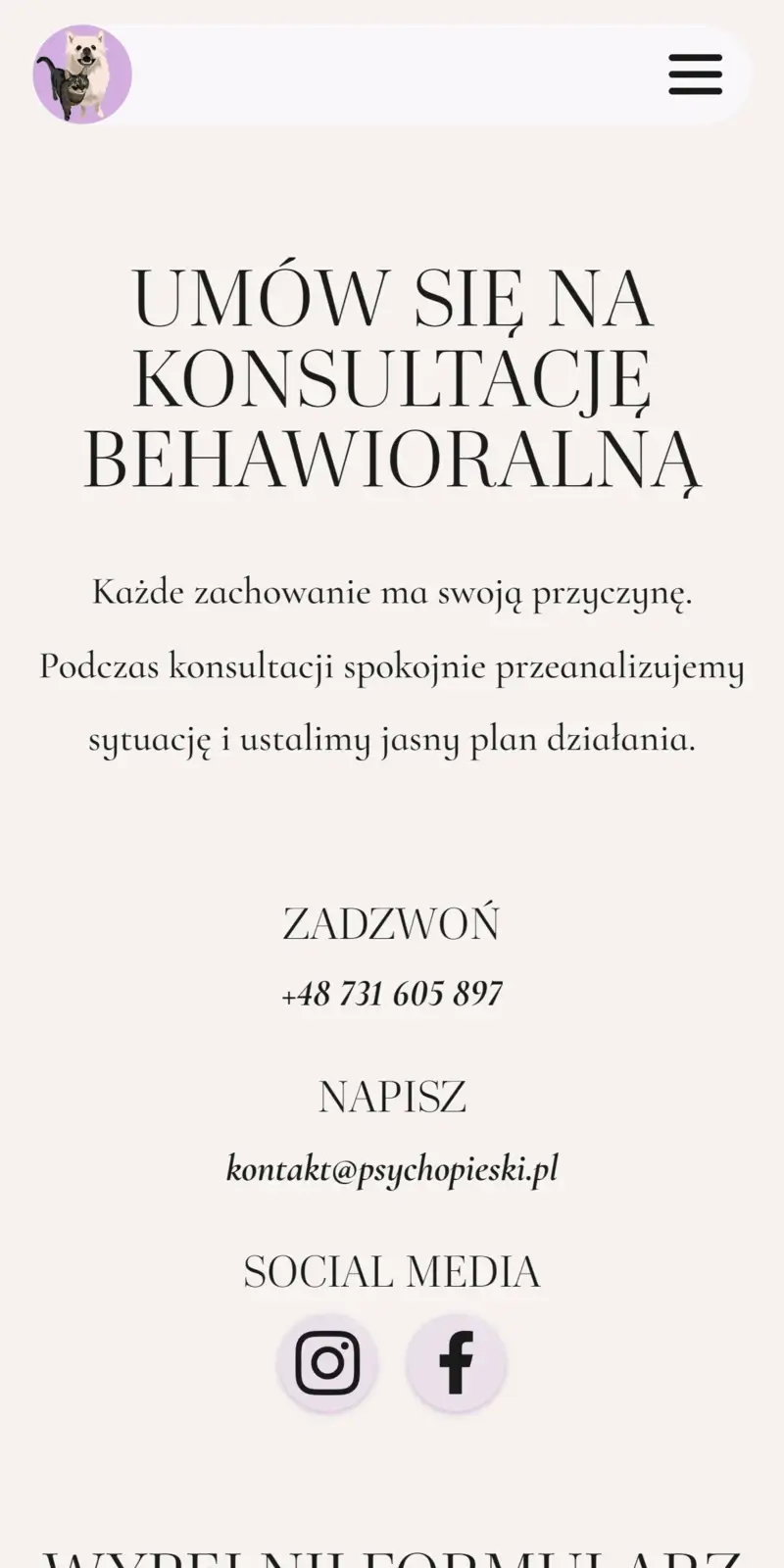 Psychopieski - podstrona kontaktu w wersji mobilnej