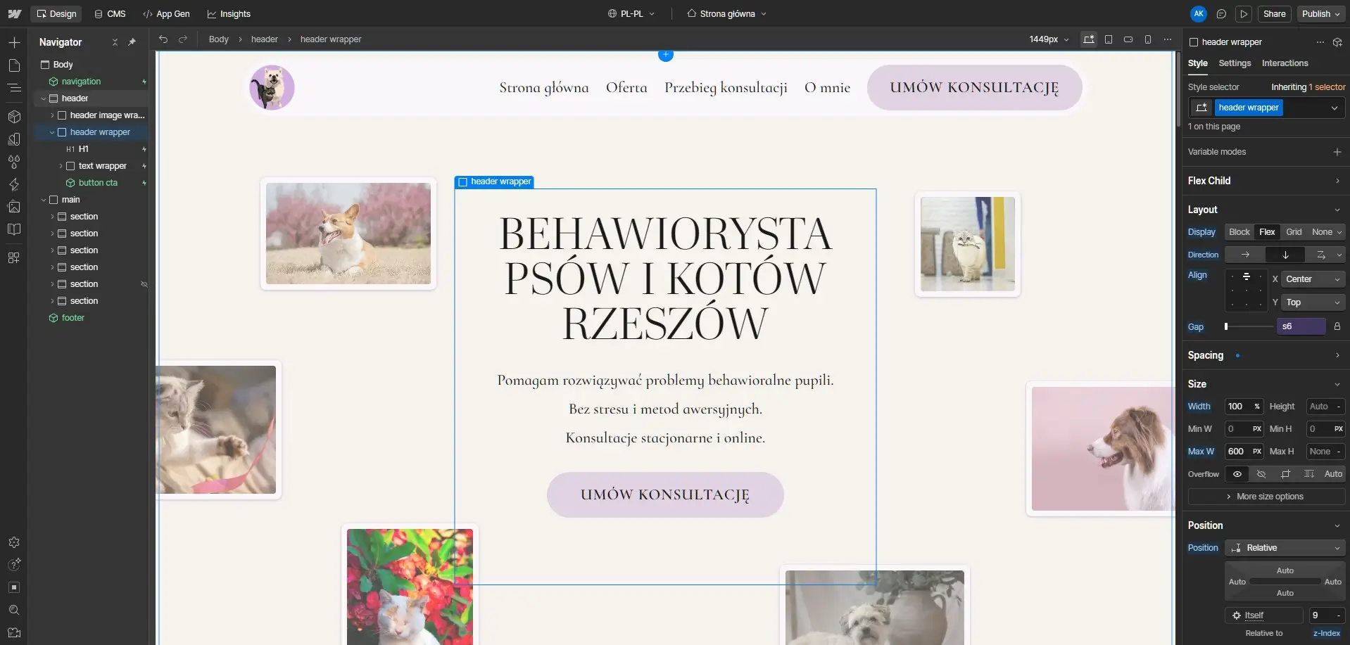 Psychopieski - środowisko pracy w narzędziu Webflow