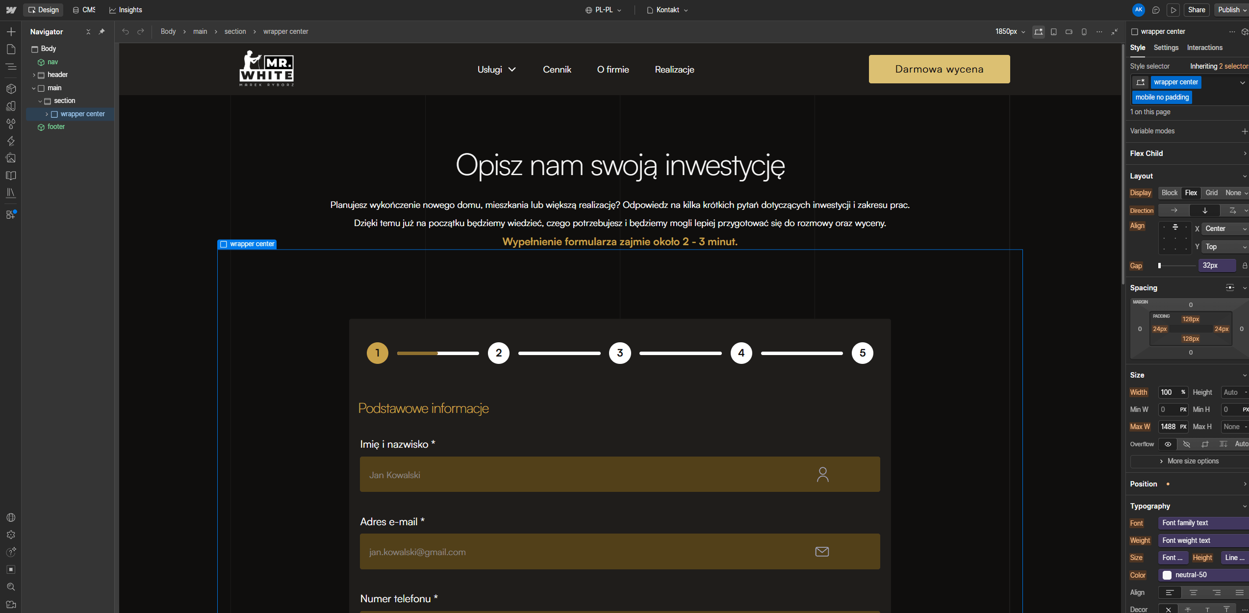 MR WHITE - środowisko pracy w narzędziu Webflow