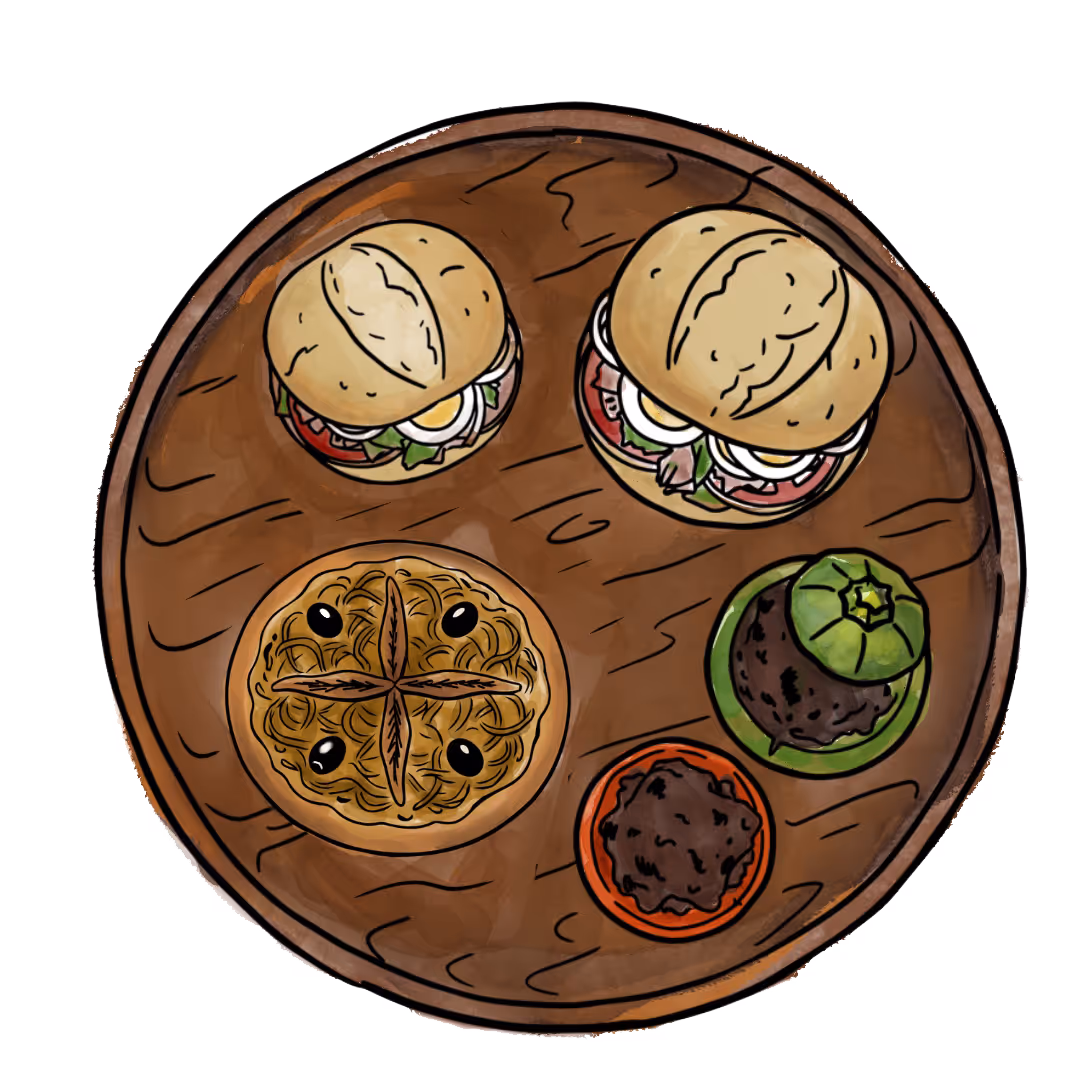 Illustration représentant des spécialités niçoises comme la Pan Bagnat, la pissaladière et les petits farcis.