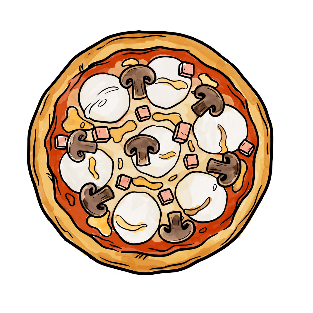 Illustration de notre célèbre pizza Reine cuite au feu de vois.