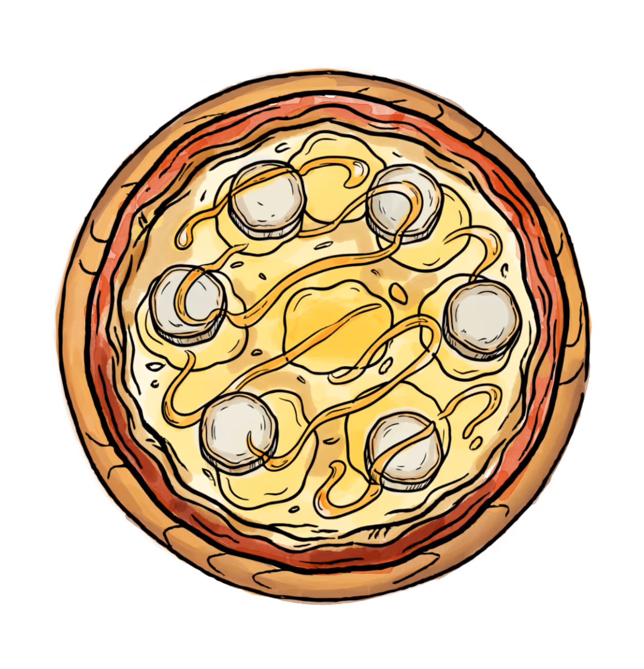 Illustration de notre pizza chèvre-miel cuite au feu de vois.