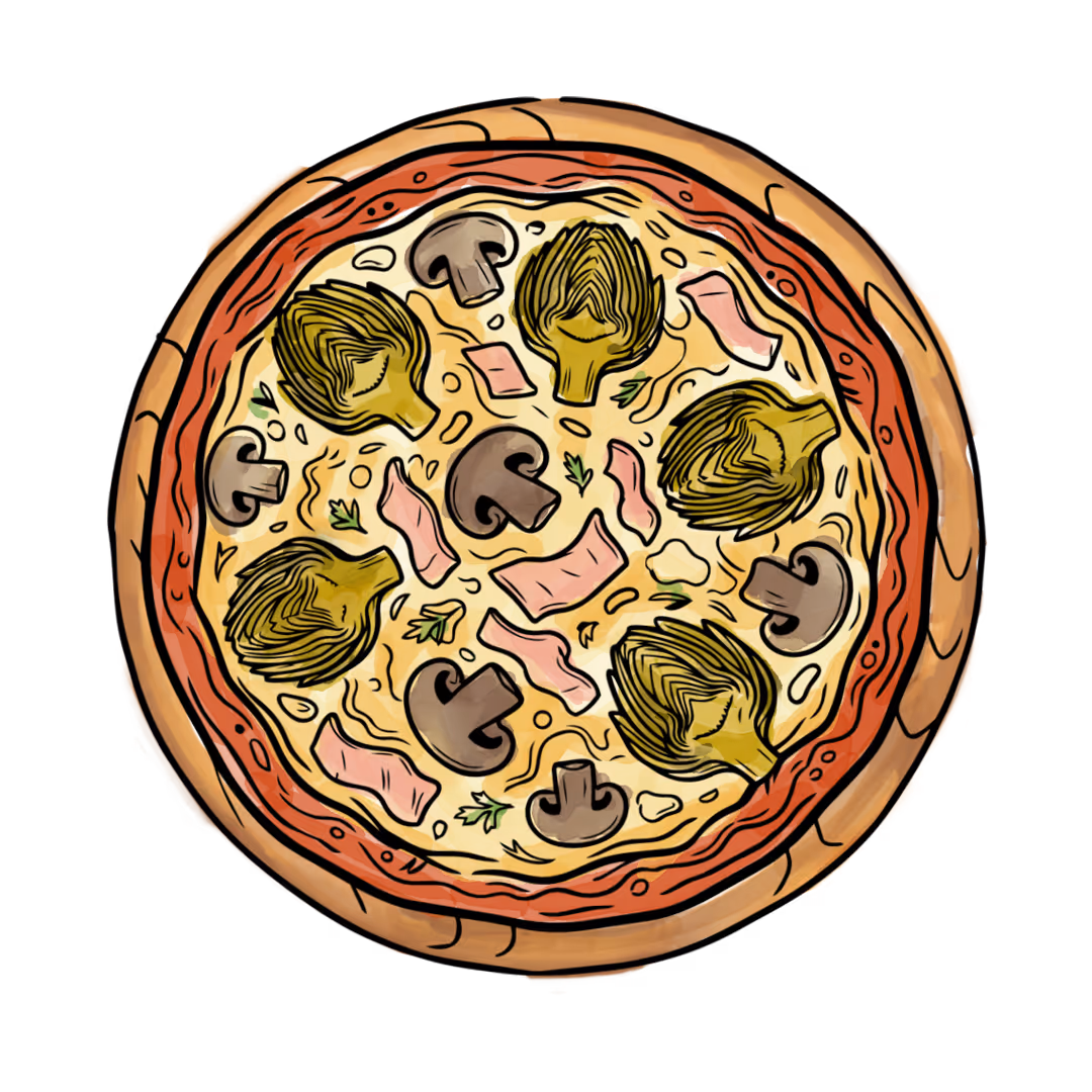 Illustration de notre pizza quatre saisons cuite au feu de vois.