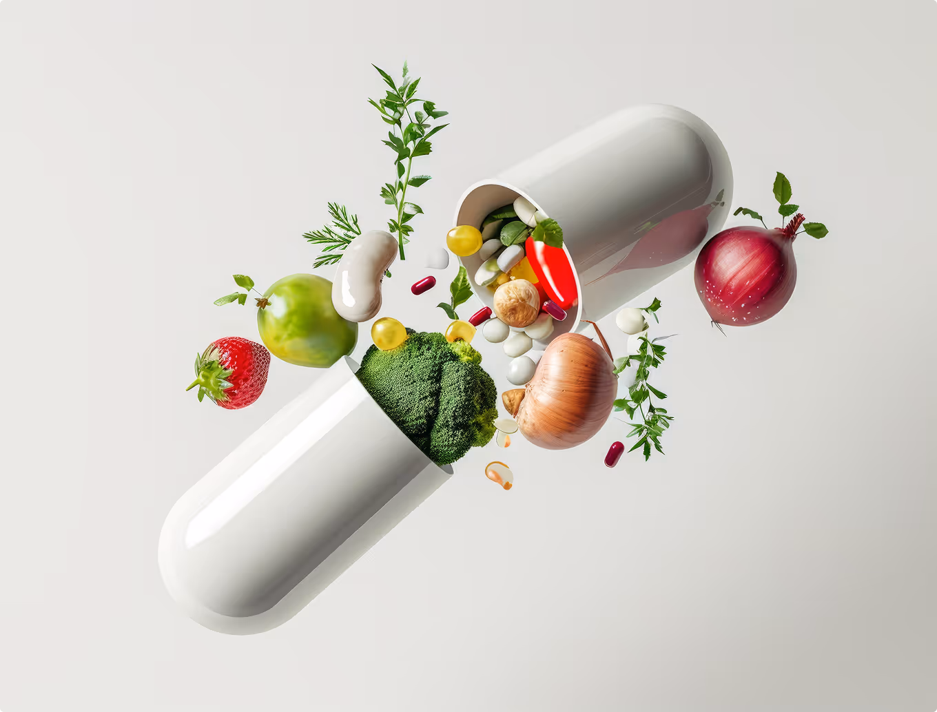 Otvorena velika bijela kapsula iz koje izlaze brokoli, jagoda, luk, jabuka, začinsko bilje i vitaminske kapsule, simbolizirajući prirodne suplemente i zdravu prehranu.