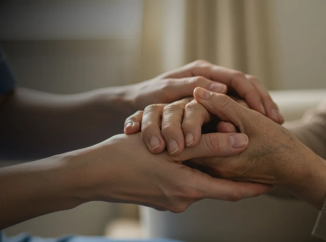 Close-up of two pairs of hands, one younger and one older, gently holding each other in a comforting gesture.