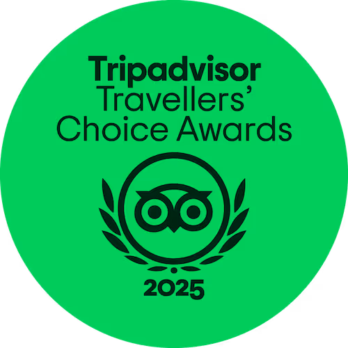 Tripadvisor Travellers’ Choice Awards 2025 emblem with owl icon inside a laurel wreath on green background.