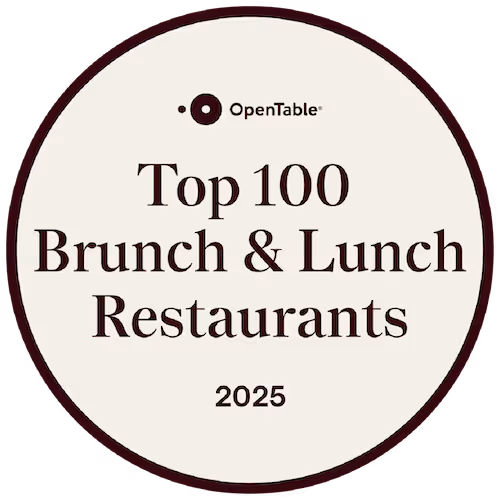OpenTable Top 100 Brunch & Lunch Restaurants 2025 award badge.