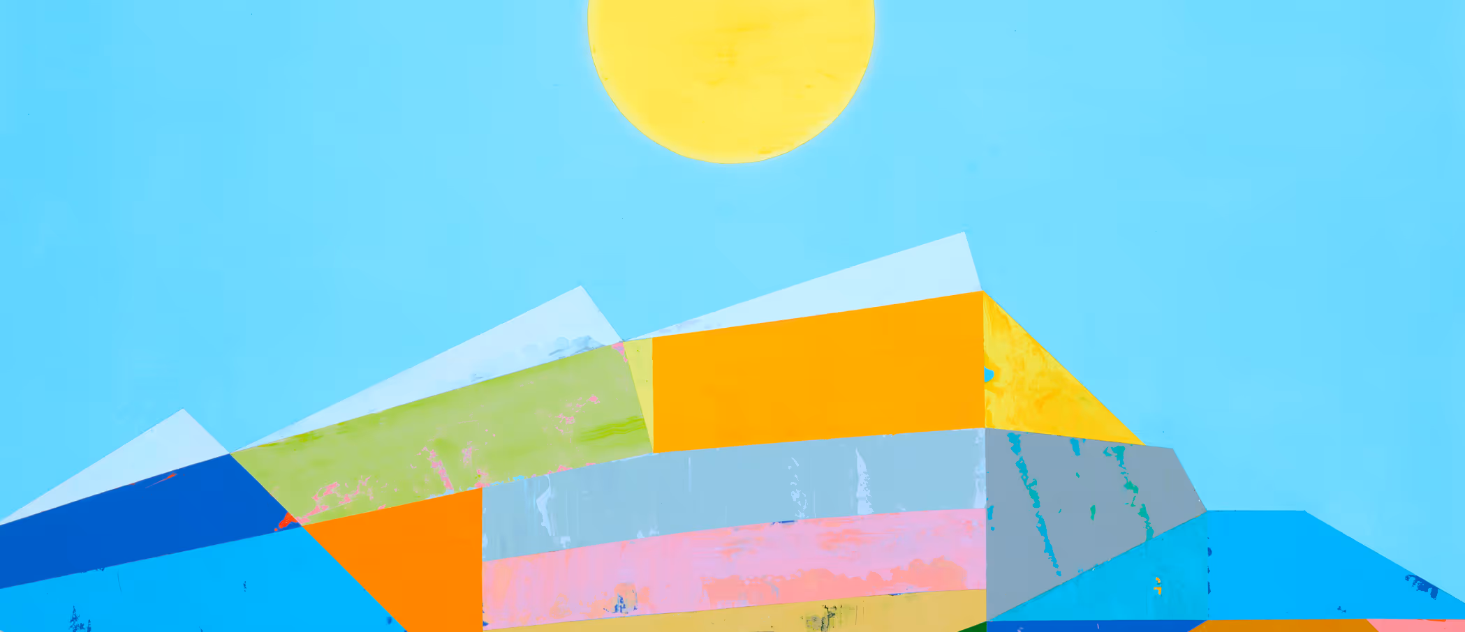 Abstract geometric shapes in bright colors under a large yellow circle on a blue background.