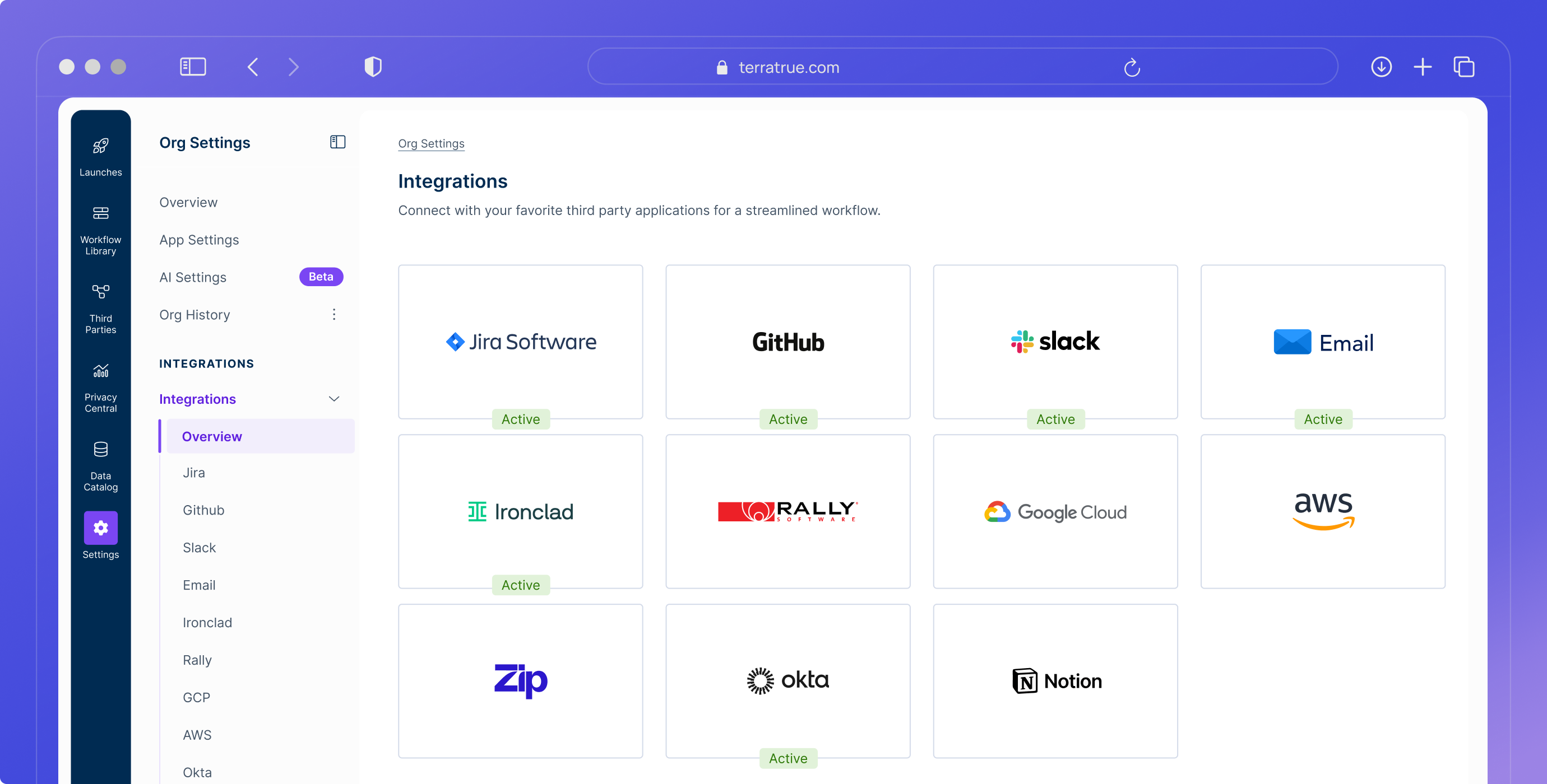 Screenshot of TerraTrue integrations dashboard