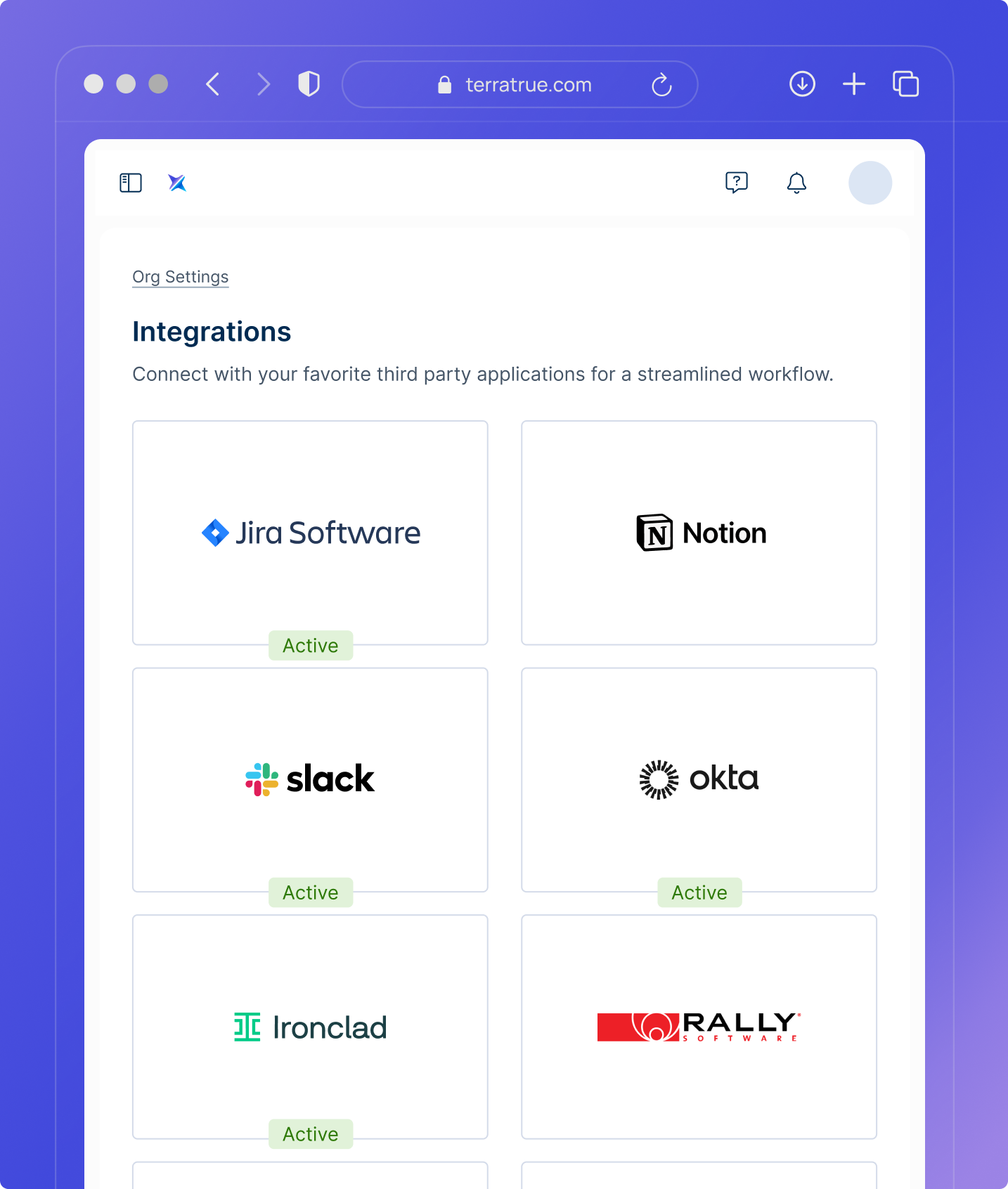 Software integrations list on terratrue.com showing active Jira Software, Slack, Okta, and Ironclad apps.