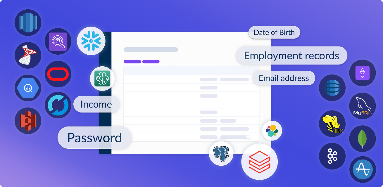 Data catalog logos and types of data types around a UI mockup