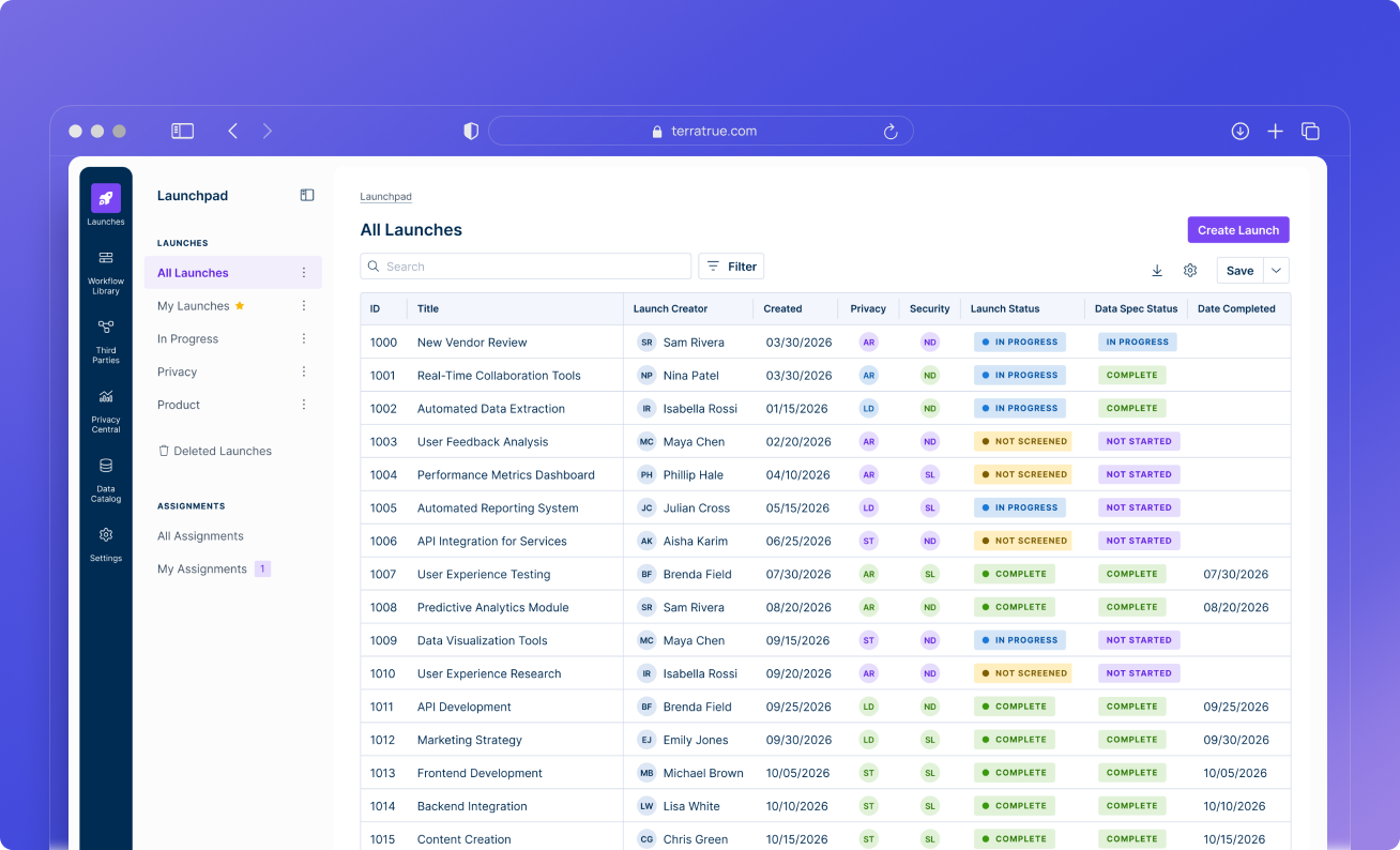 Screenshot of the TerraTrue launchpad with table of launches and varying statuses of review