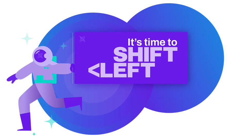 Astronaut illustration holding "Its time to shift left" sign