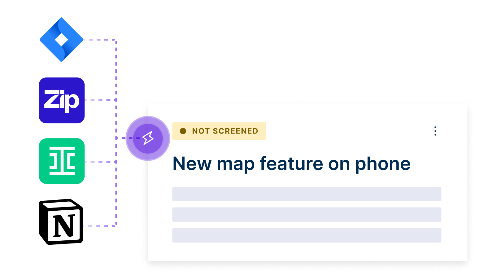 Dashboard showing a card labeled 'New map feature on phone' marked as not screened with connected app icons on the left.