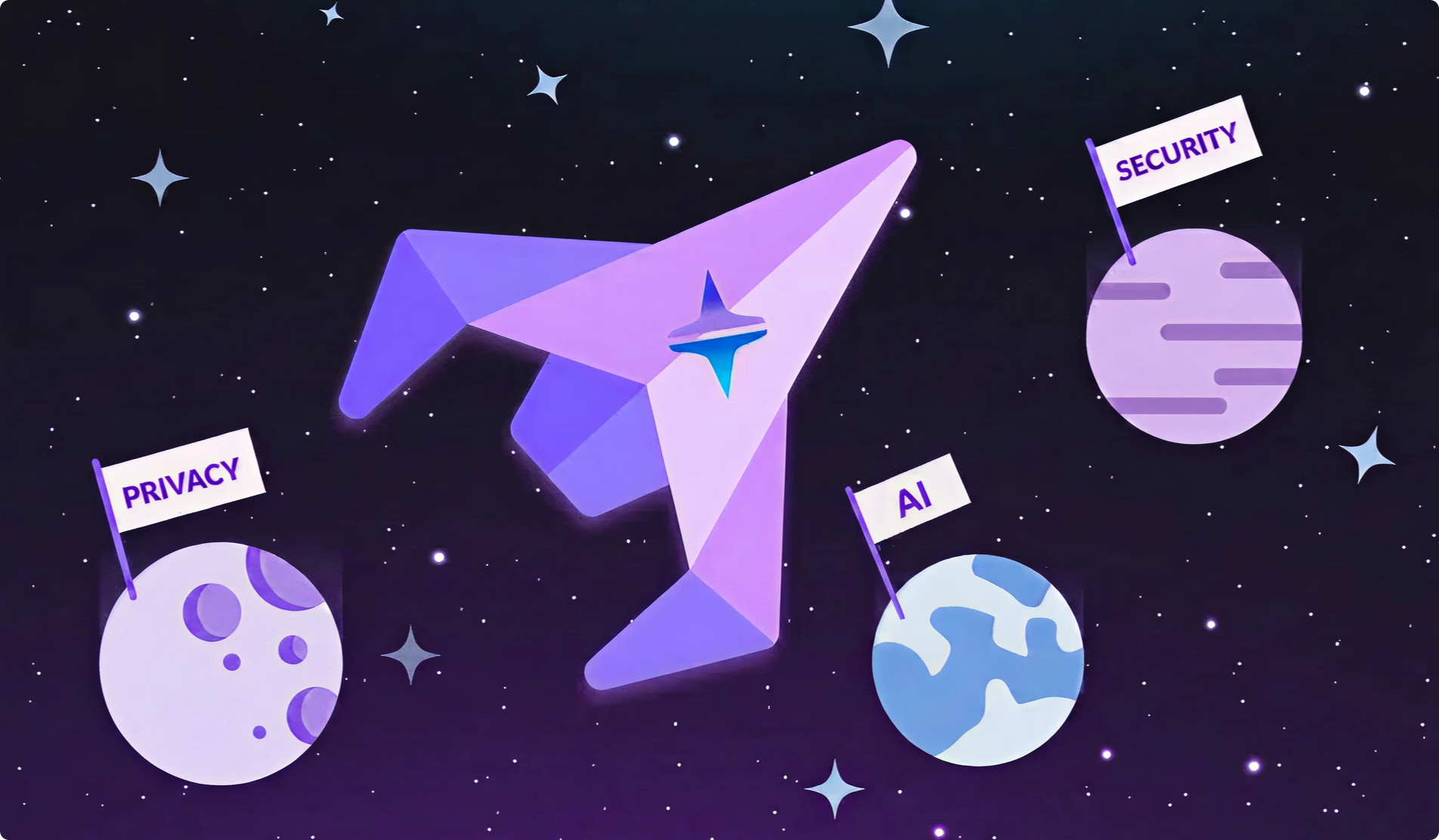 Purple paper airplane flying in space near planets labeled Privacy, AI, and Security.