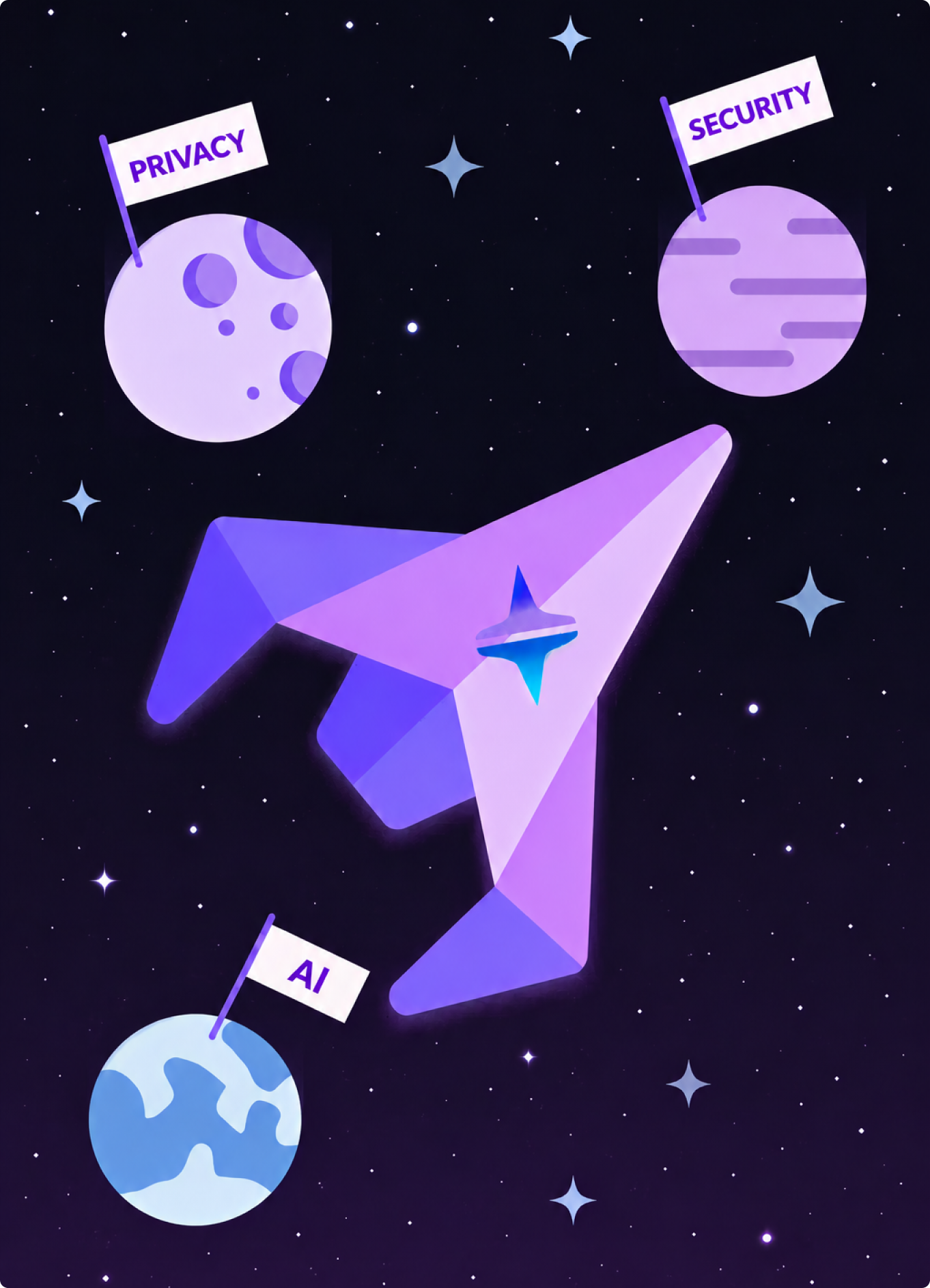 Purple paper airplane flying in space near planets labeled Privacy, Security, and AI.