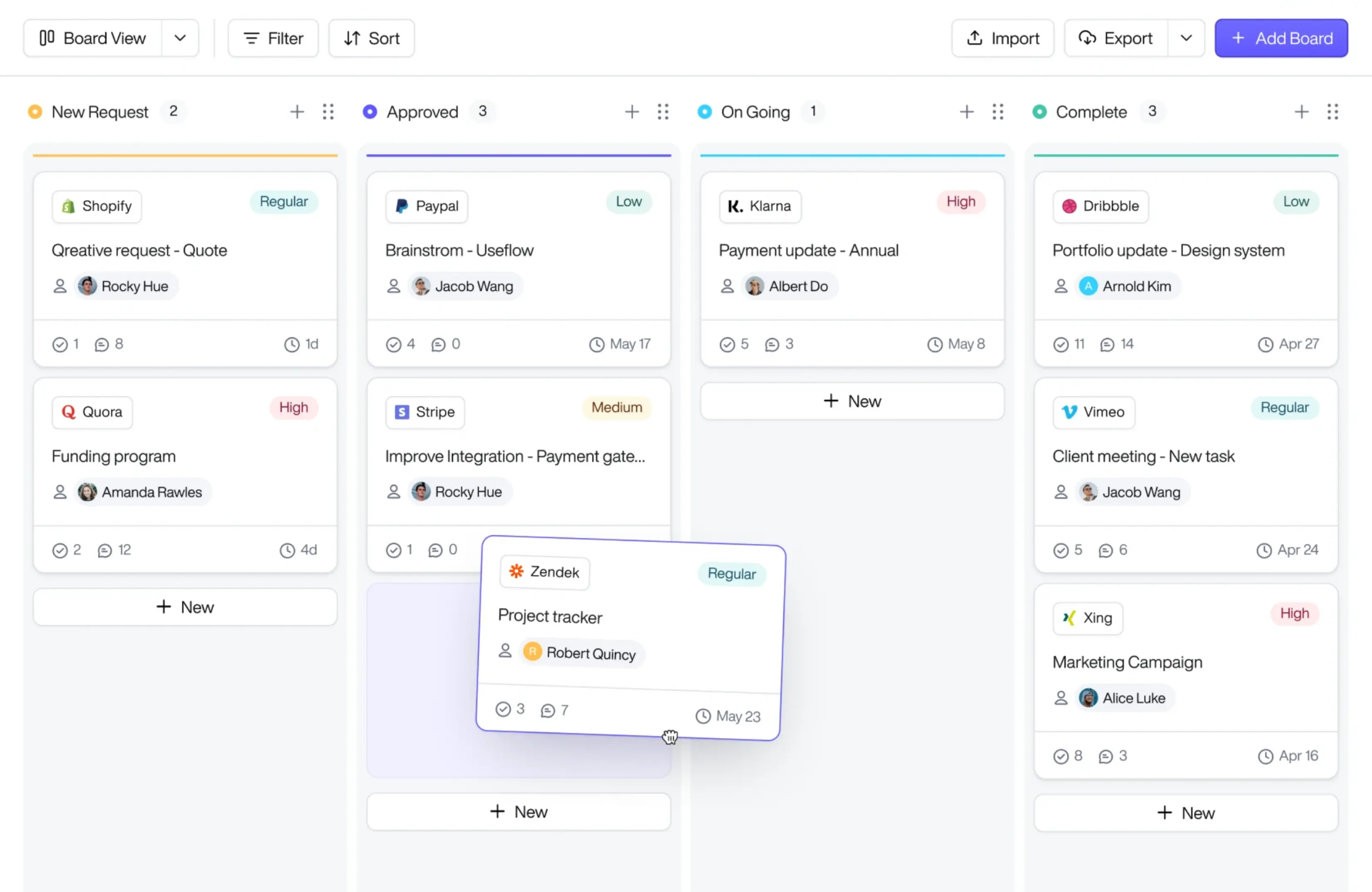 Kanban board view showing columns for New Request, Approved, On Going, and Complete tasks with various task cards including project names, assignees, priorities, comments, and deadlines.