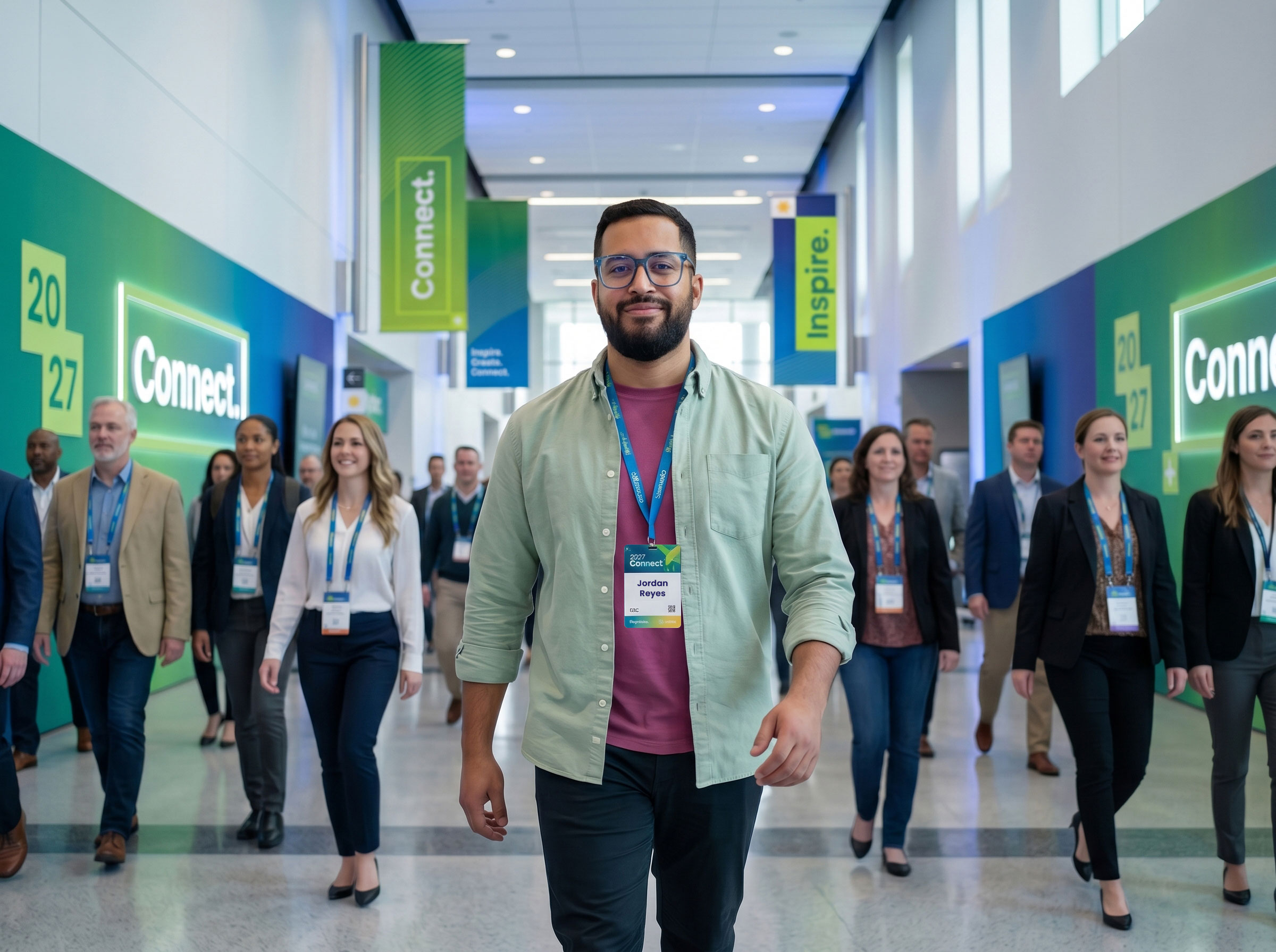 Jordan walking through convention center