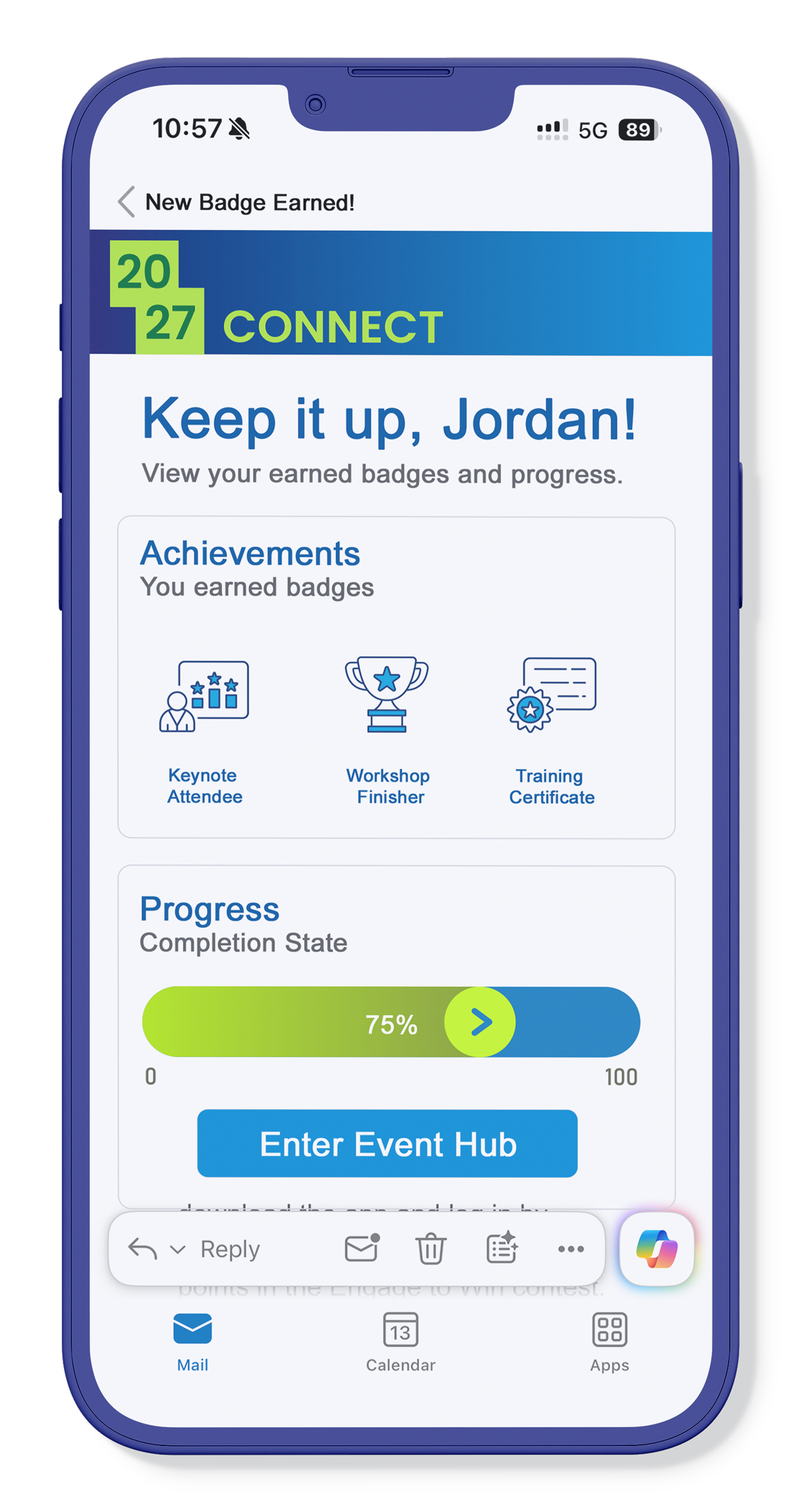 Smart phone showing post-event email