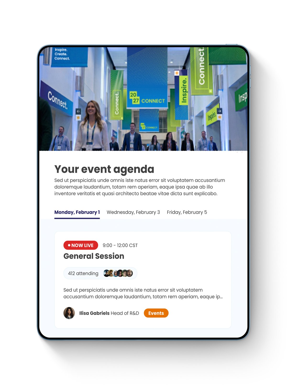Tablet showing event agenda