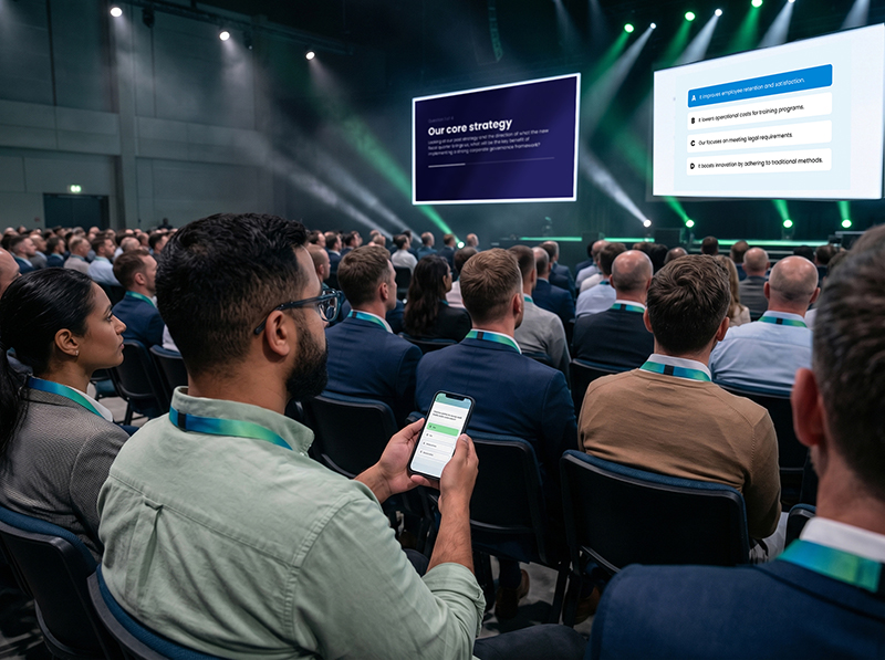 Jordan holds a smartphone to participate in a live poll while seated in a large General Session meeting with a presentation on stage.