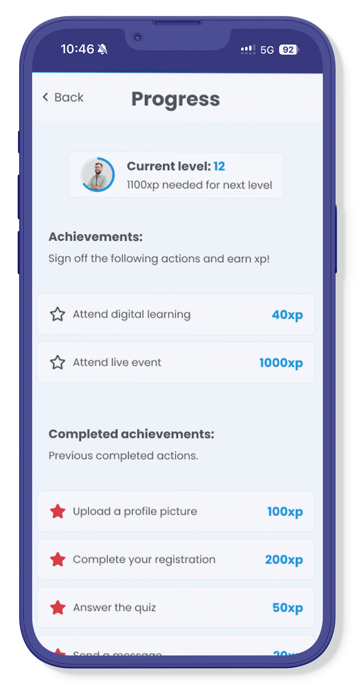 Smartphone showing users Attendee Progress on the Event App