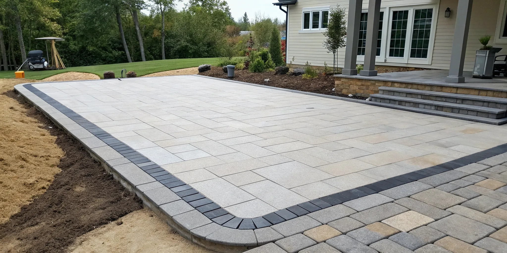 Decorative paver patio project with a modern design and contrasting border.