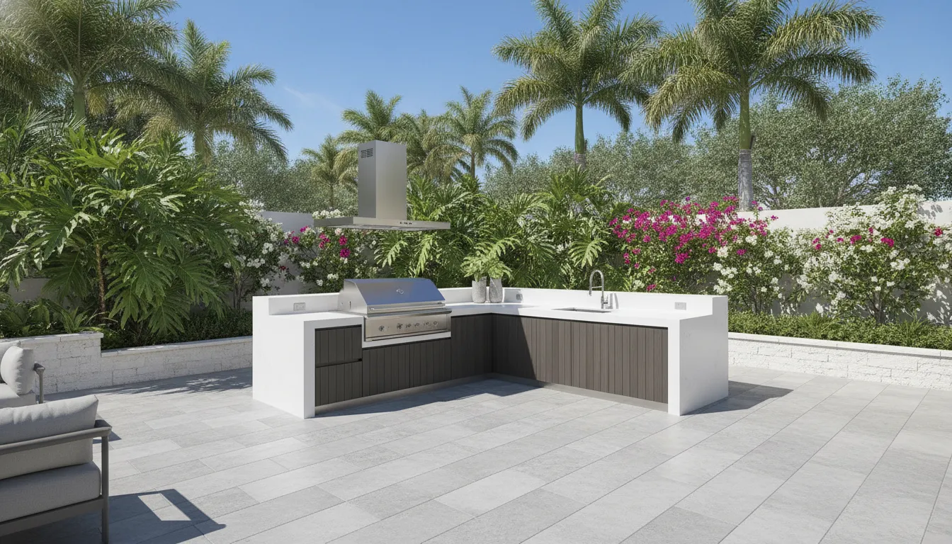Modern outdoor kitchen with porcelain paver flooring