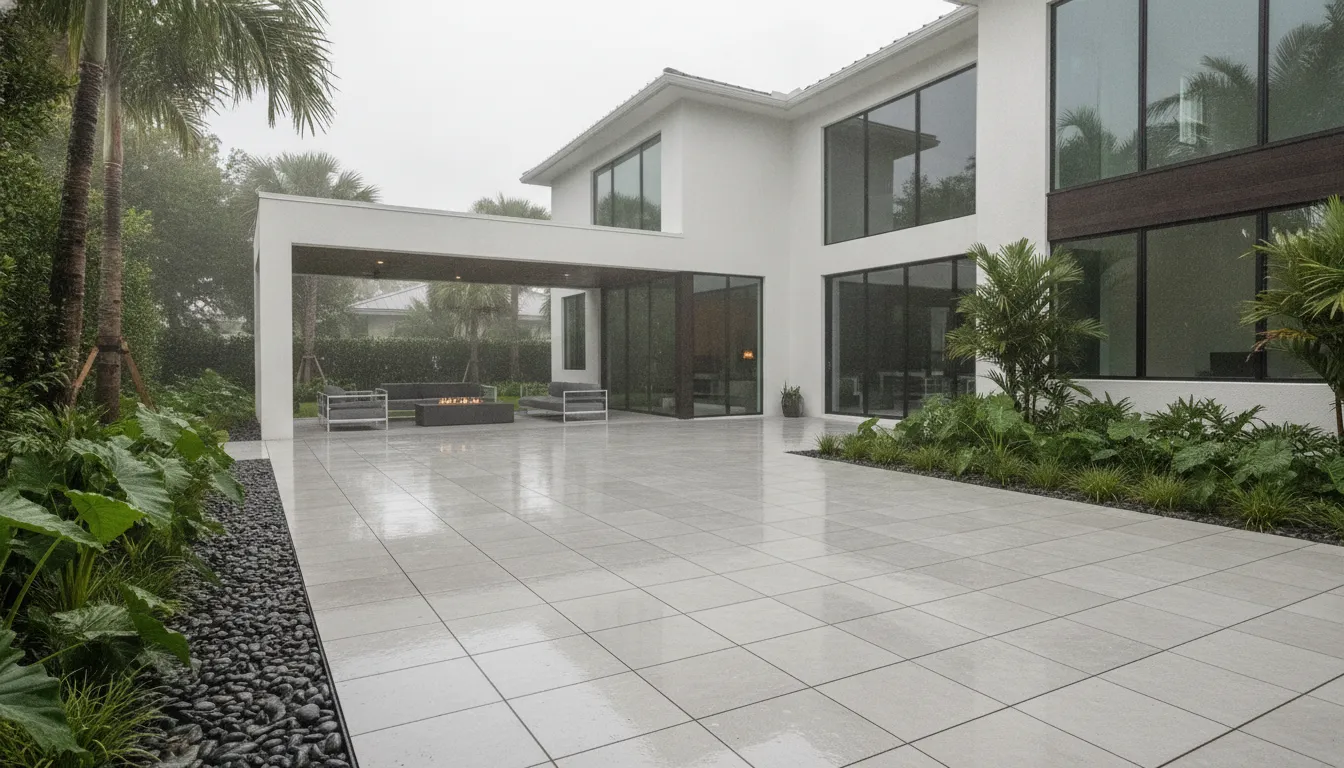 Porcelain patio with drainage edge