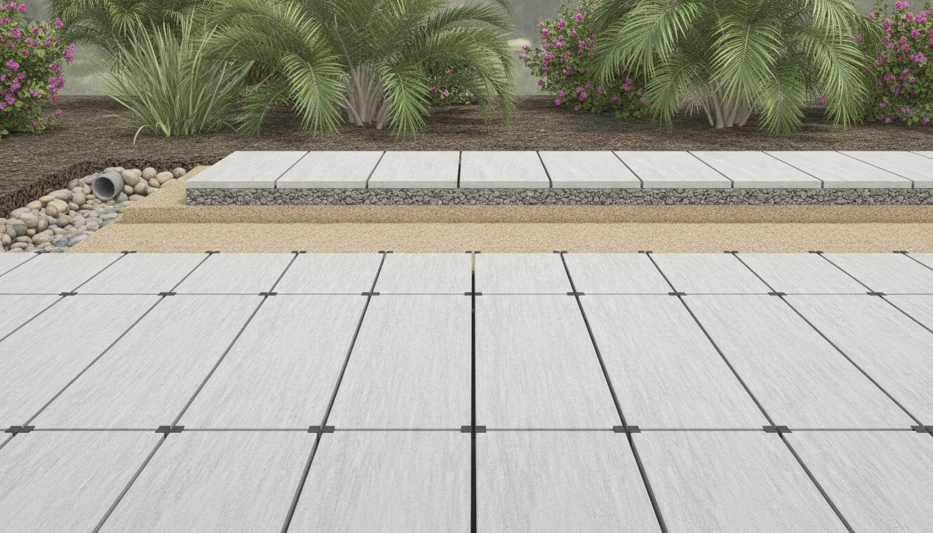 Sand-set porcelain paver drainage and joint planning