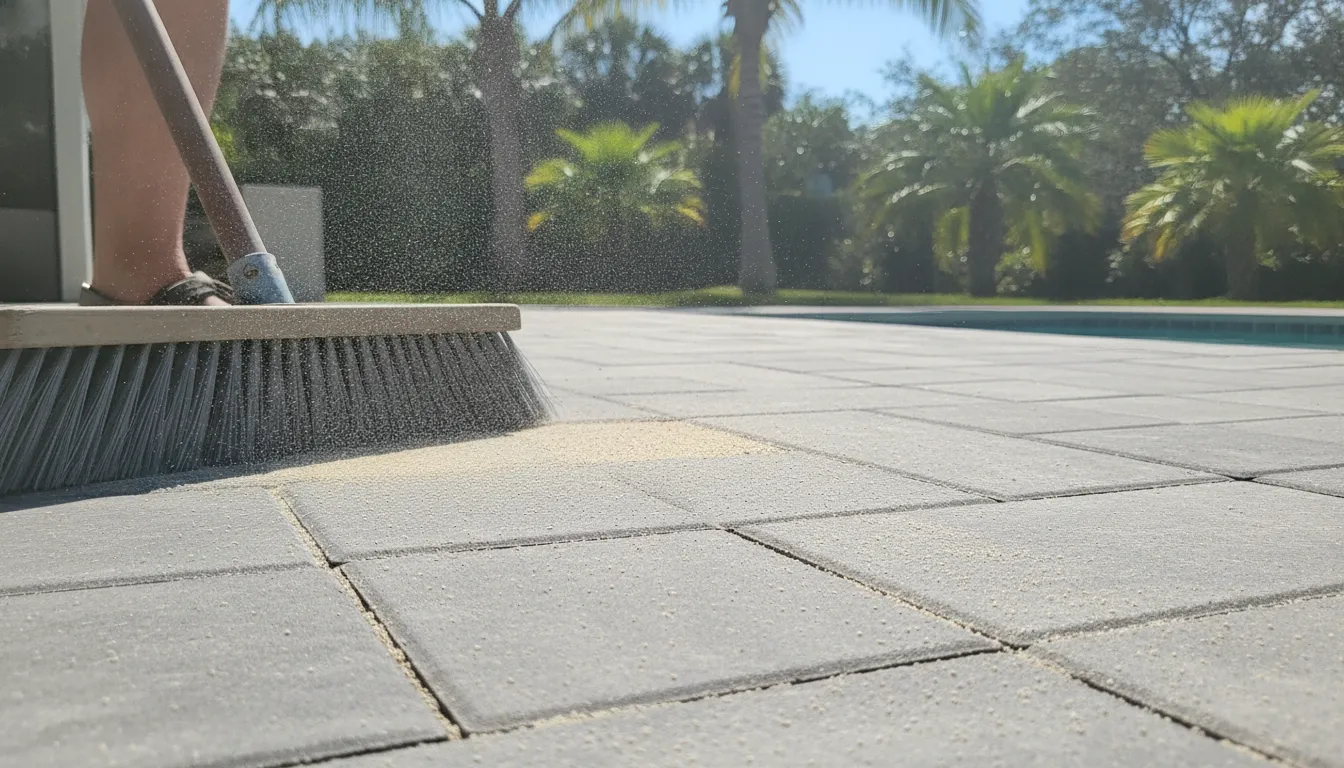 Applying polymeric sand to sand-set porcelain pavers
